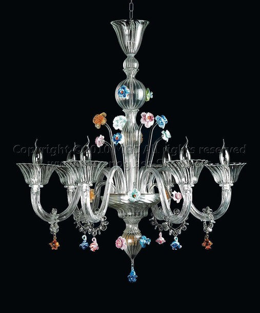 Ponti Chandelier, Crystal chandelier with details in colored paste at five lights